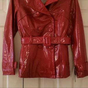 Red leather trench coat (short), belted, size S